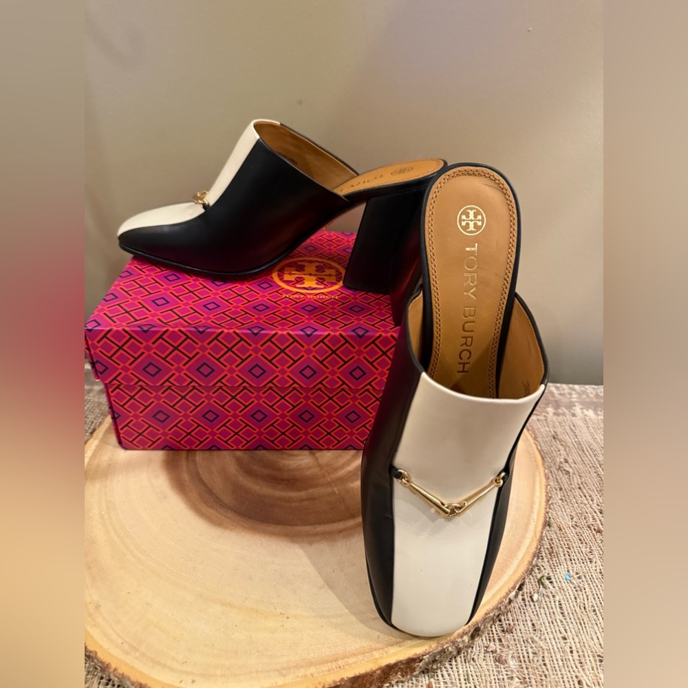 TORY BURCH EQUESTRIAN LINK MULE 80MM PUMP LEATHER BLACK/DULCE DE LECHE SZ US 8 - Picture 9 of 11